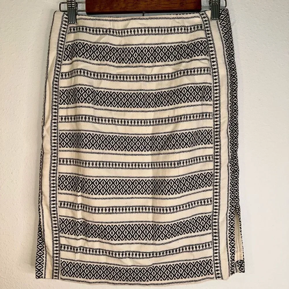 LOFT Womens 6P Ivory & Black Boho Embroidered Geometric‎ Canvas Pencil Skirt